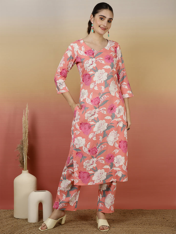 Women Rayon Printed V-Neck Co-Ord Sets With Trousers