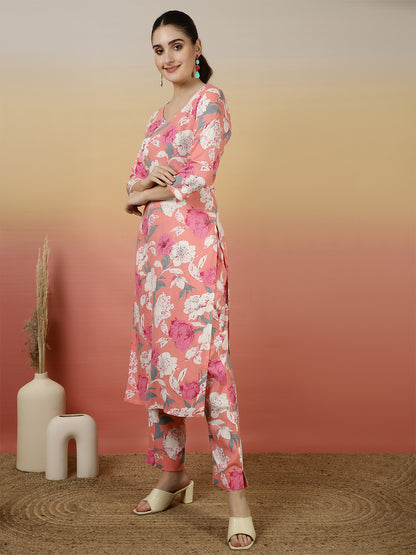 Women Rayon Printed V-Neck Co-Ord Sets With Trousers