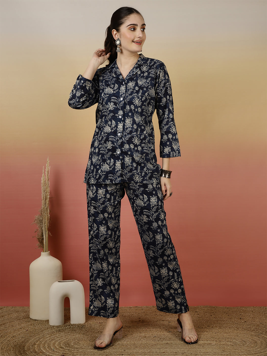 Women Cotton Printed Collar Neck Co-Ord Sets With Trousers