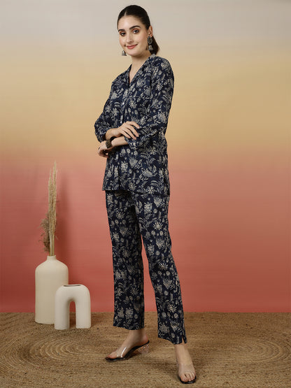 Women Cotton Printed Collar Neck Co-Ord Sets With Trousers