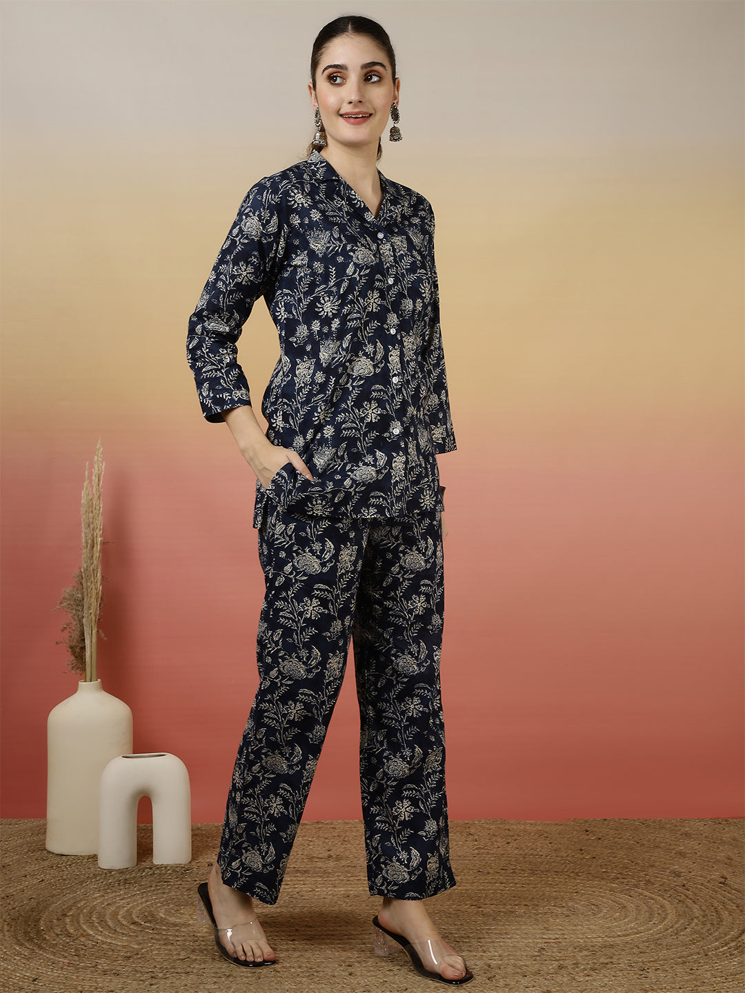 Women Cotton Printed Collar Neck Co-Ord Sets With Trousers