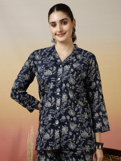 Women Cotton Printed Collar Neck Co-Ord Sets With Trousers
