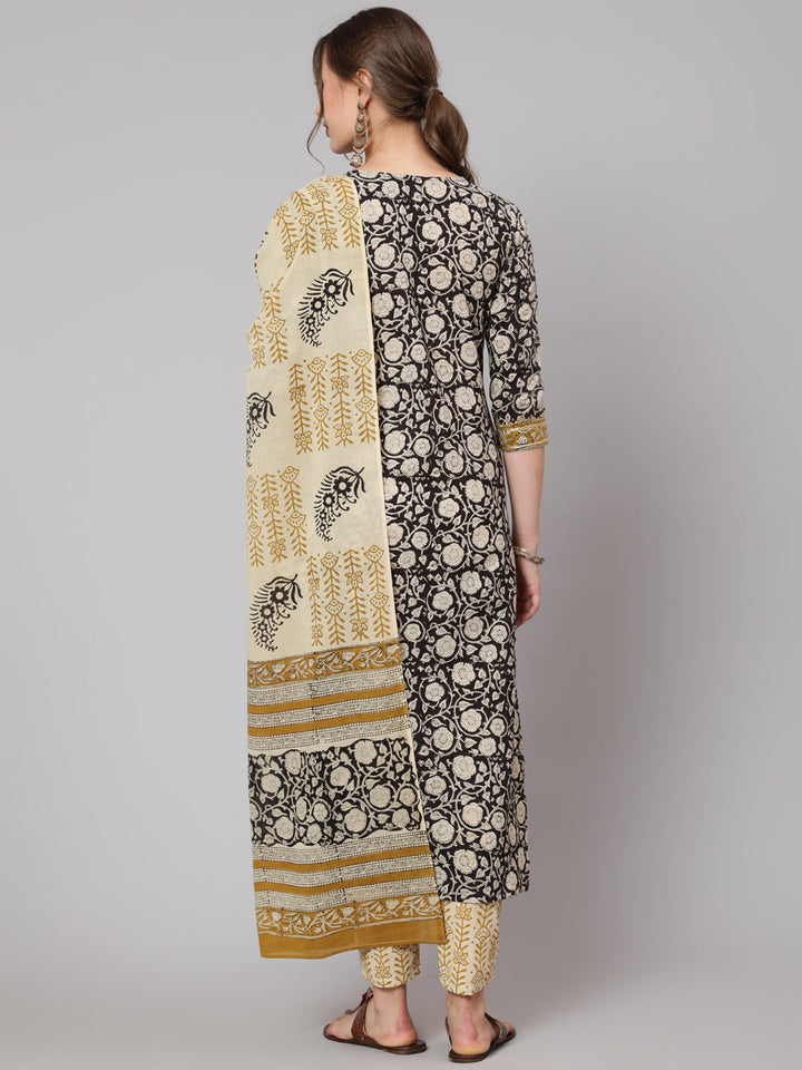 Cotton Black Calf Length Straight 3/4 Sleeve Round Neck Printed Kurta, Pants &amp; Cotton Dupatta