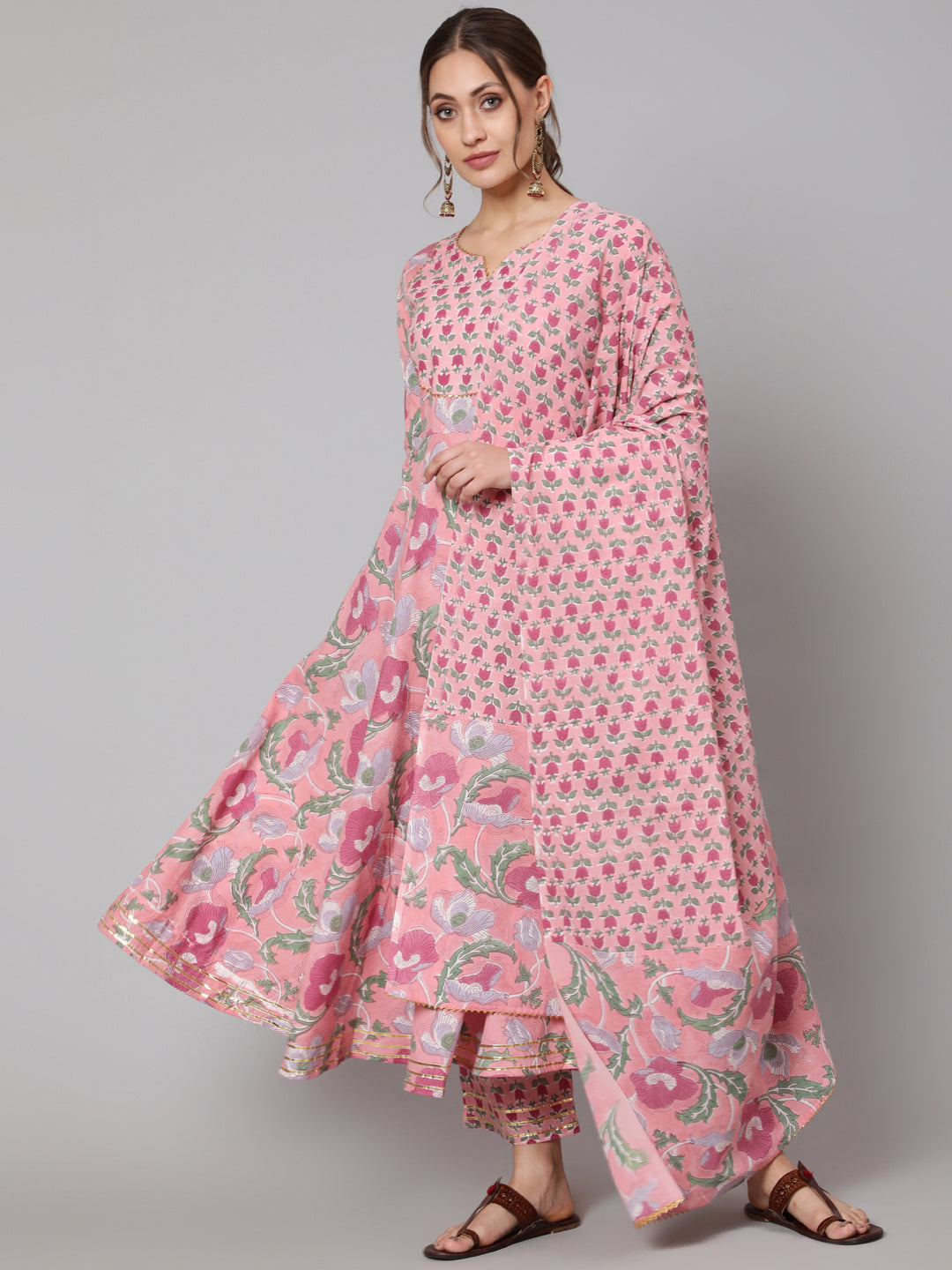 Cotton Pink Ankle Length Anarkali 3/4 Sleeve Round Neck Printed Kurta, Pants &amp; Cotton Dupatta