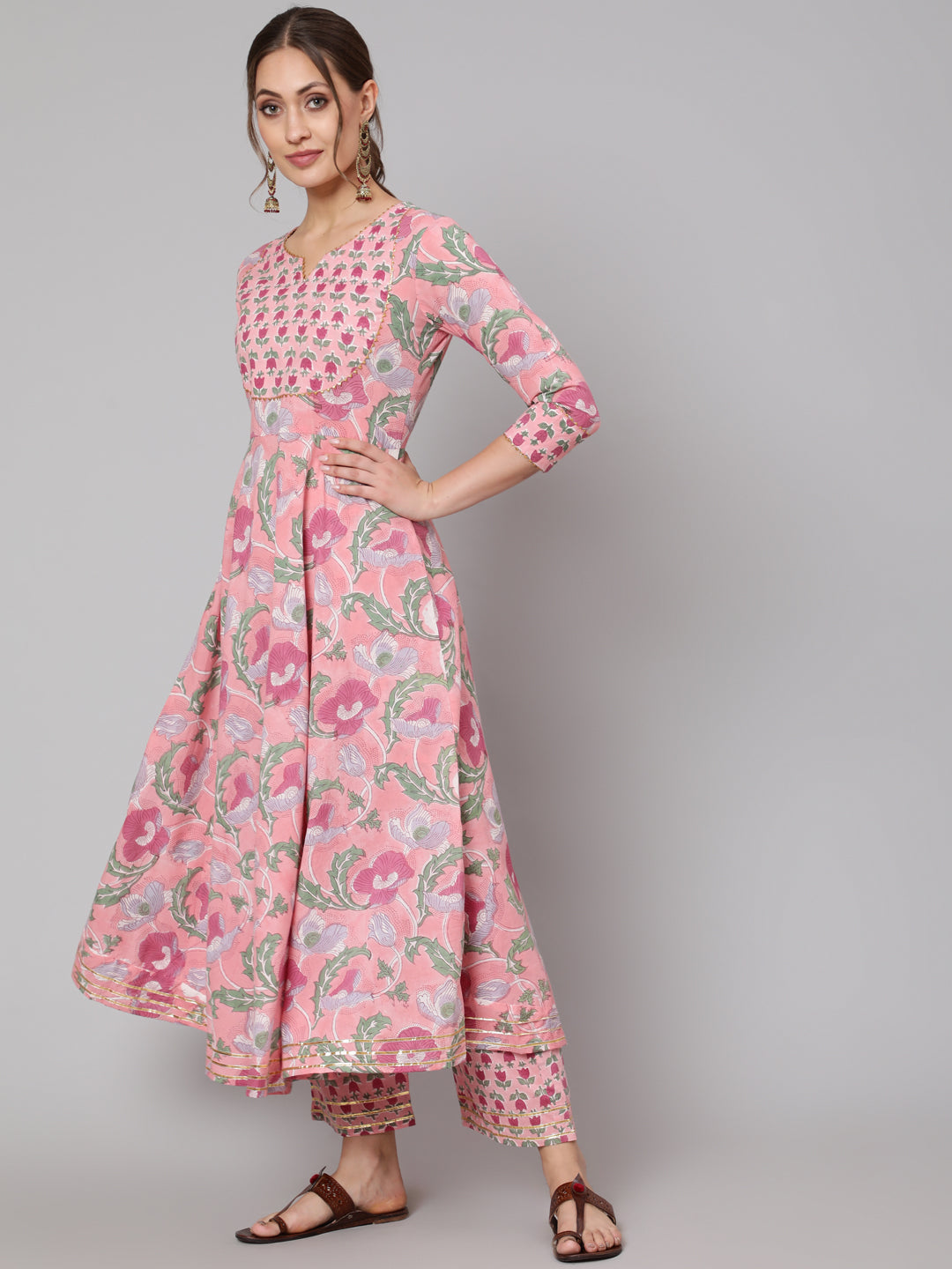 Cotton Pink Ankle Length Anarkali 3/4 Sleeve Round Neck Printed Kurta, Pants &amp; Cotton Dupatta