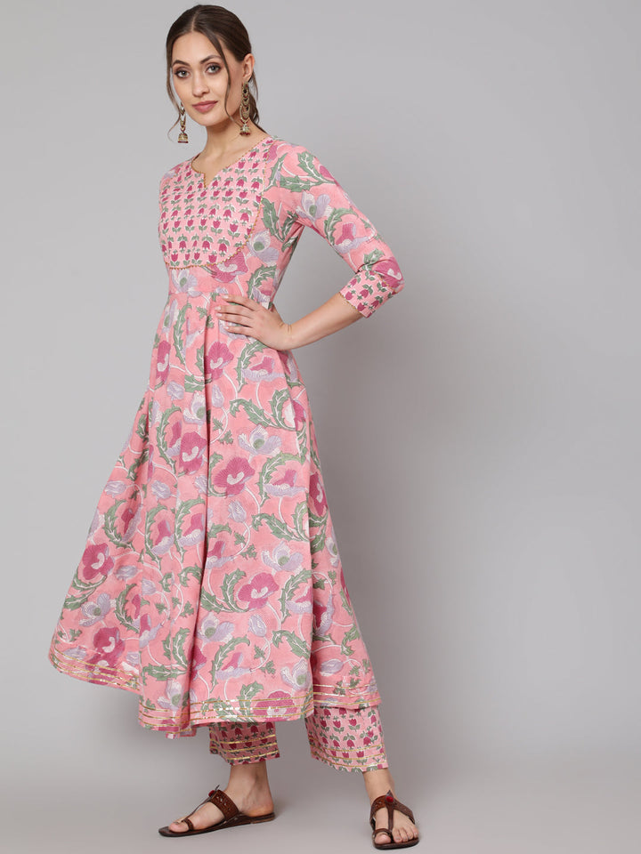 Cotton Pink Ankle Length Anarkali 3/4 Sleeve Round Neck Printed Kurta, Pants &amp; Cotton Dupatta