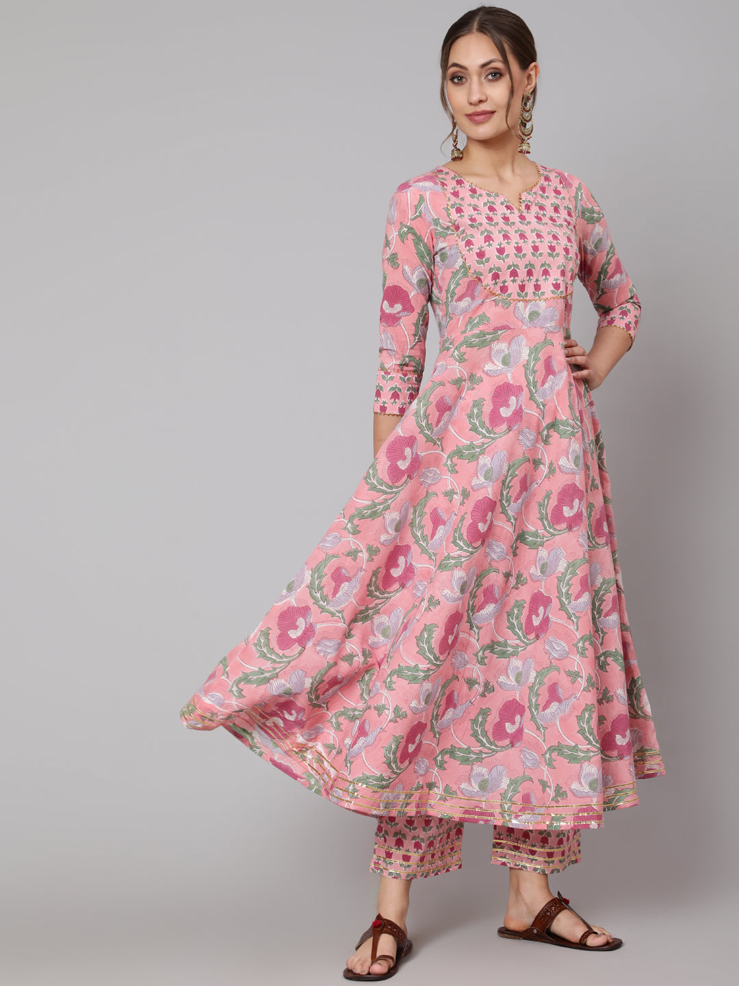 Cotton Pink Ankle Length Anarkali 3/4 Sleeve Round Neck Printed Kurta, Pants &amp; Cotton Dupatta