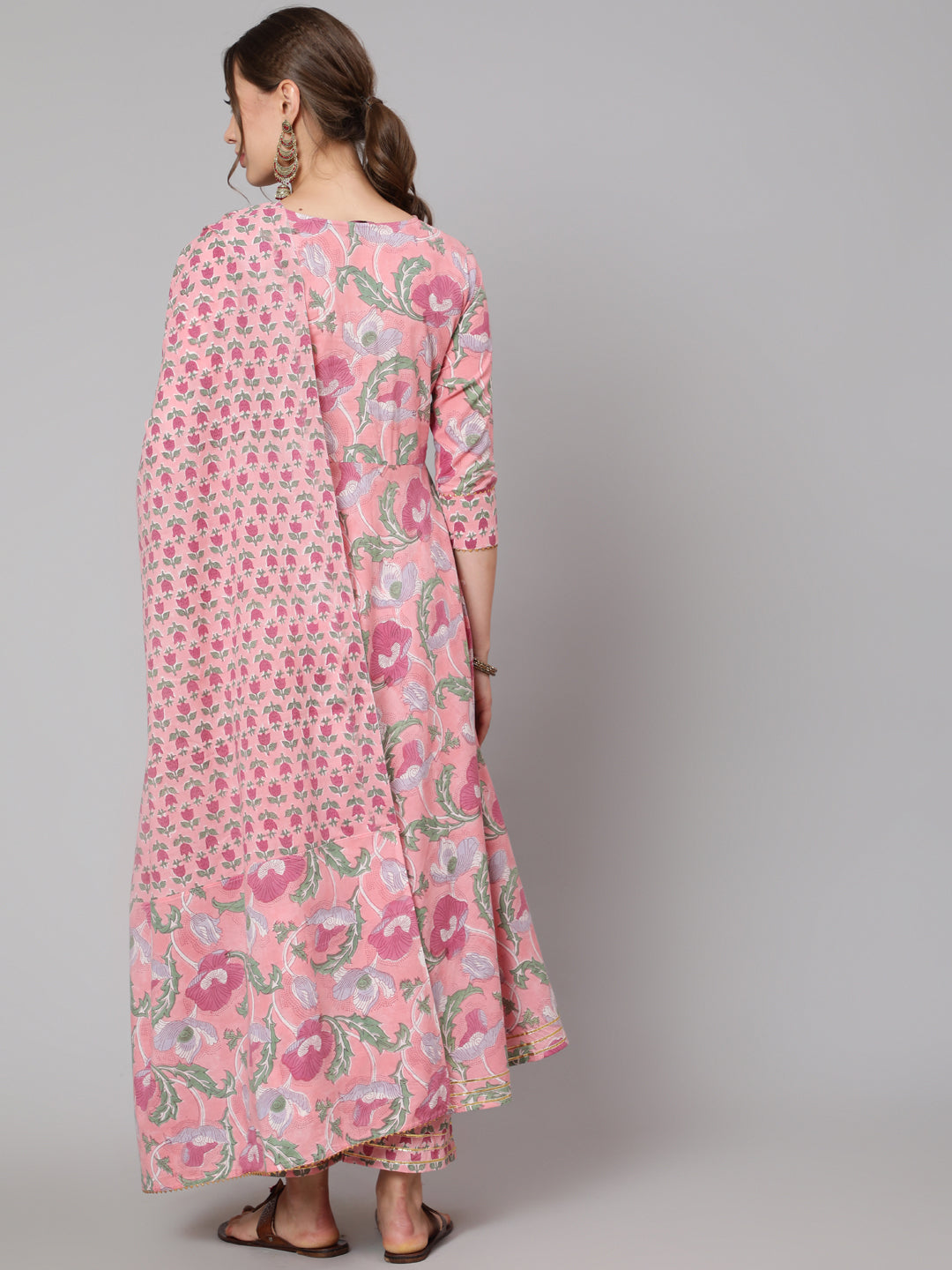 Cotton Pink Ankle Length Anarkali 3/4 Sleeve Round Neck Printed Kurta, Pants &amp; Cotton Dupatta