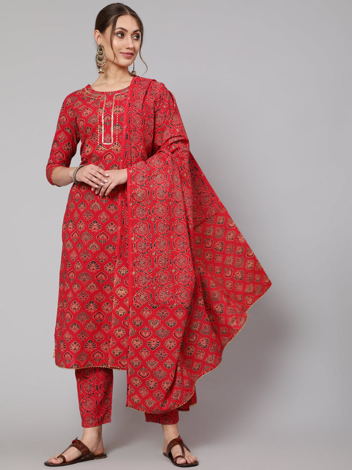 Cotton Red Calf Length Straight 3/4 Sleeve Round Neck Printed Kurta, Pants &amp; Cotton Dupatta