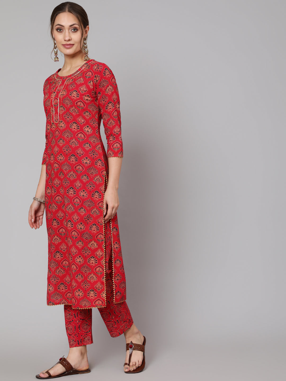 Cotton Red Calf Length Straight 3/4 Sleeve Round Neck Printed Kurta, Pants &amp; Cotton Dupatta