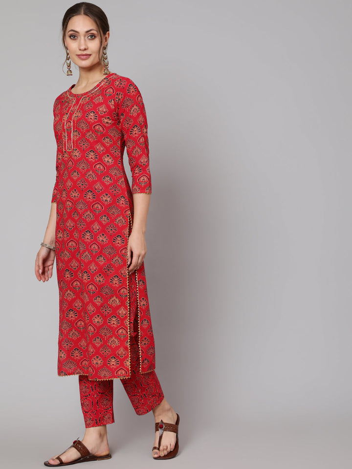Cotton Red Calf Length Straight 3/4 Sleeve Round Neck Printed Kurta, Pants &amp; Cotton Dupatta
