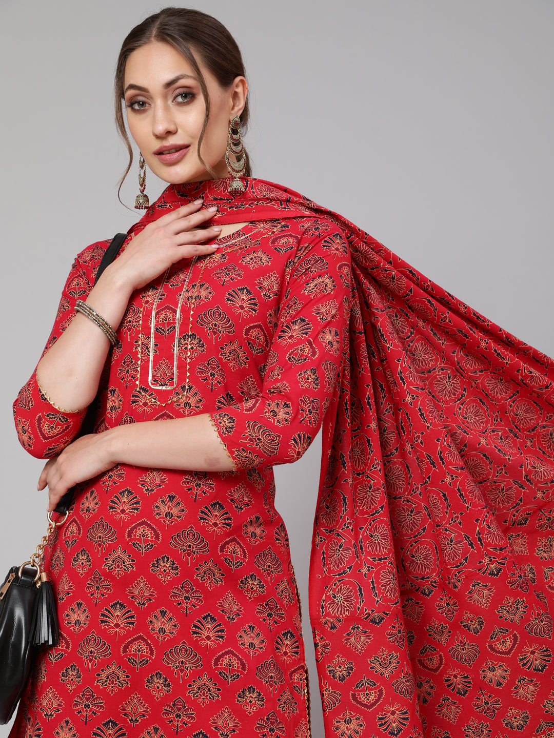 Cotton Red Calf Length Straight 3/4 Sleeve Round Neck Printed Kurta, Pants &amp; Cotton Dupatta