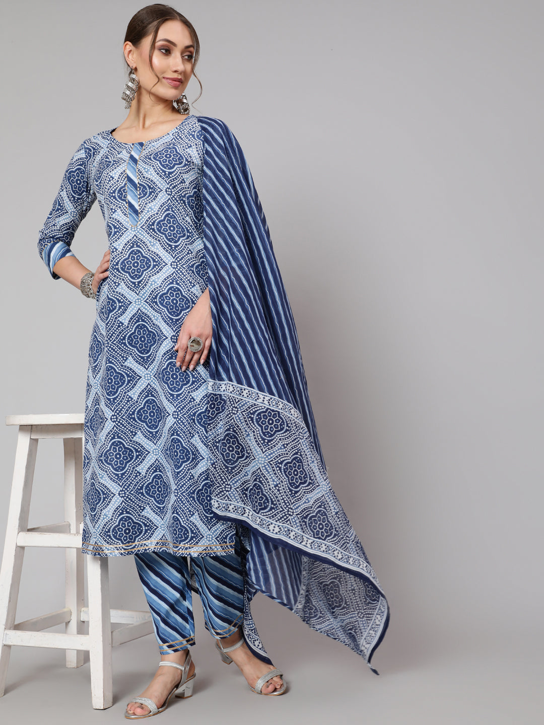 Cotton Blue Calf Length Straight 3/4 Sleeve Round Neck Printed Kurta, Pants &amp; Cotton Dupatta