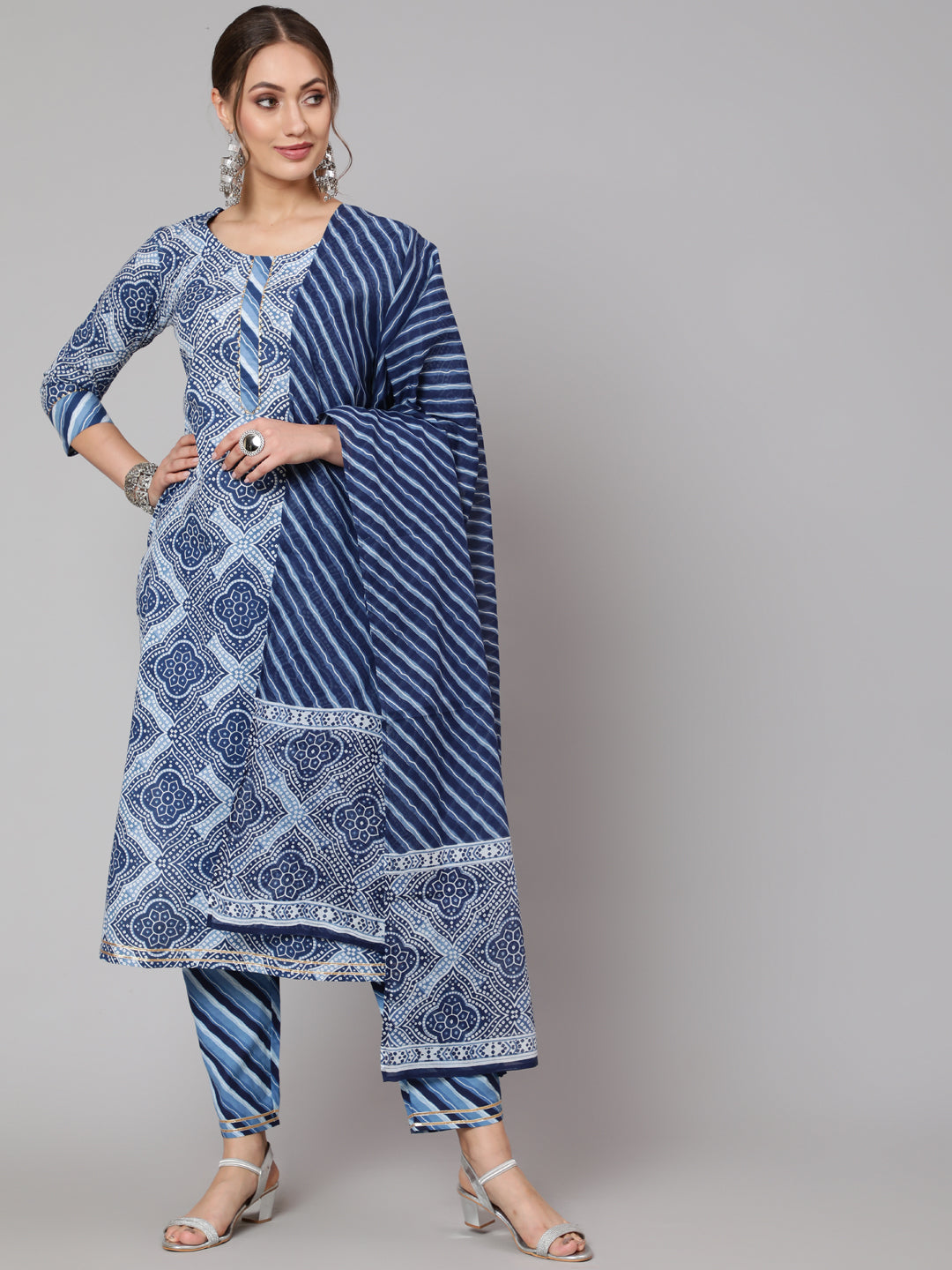 Cotton Blue Calf Length Straight 3/4 Sleeve Round Neck Printed Kurta, Pants &amp; Cotton Dupatta