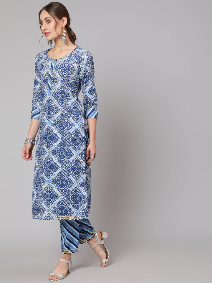 Cotton Blue Calf Length Straight 3/4 Sleeve Round Neck Printed Kurta, Pants &amp; Cotton Dupatta