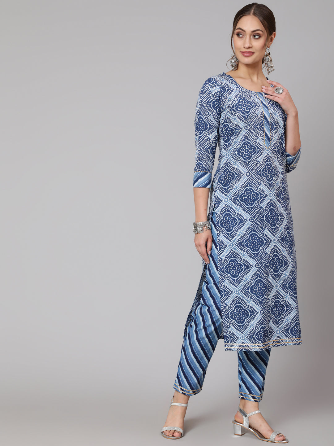 Cotton Blue Calf Length Straight 3/4 Sleeve Round Neck Printed Kurta, Pants &amp; Cotton Dupatta