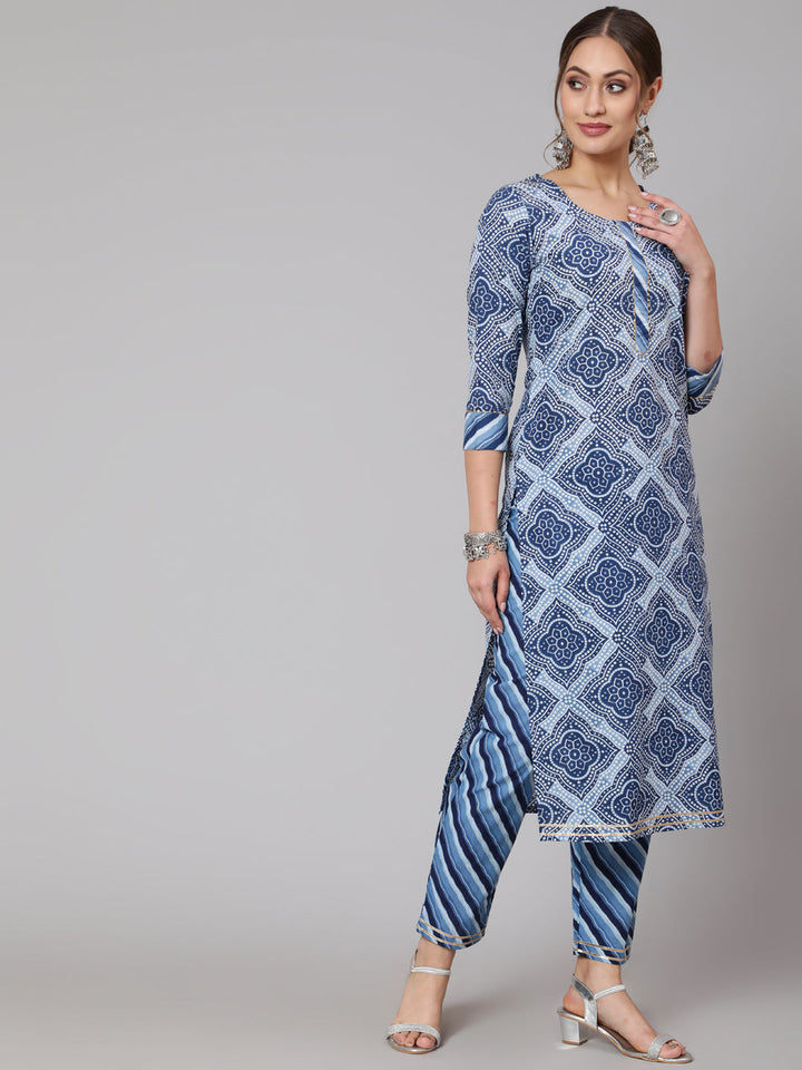 Cotton Blue Calf Length Straight 3/4 Sleeve Round Neck Printed Kurta, Pants &amp; Cotton Dupatta