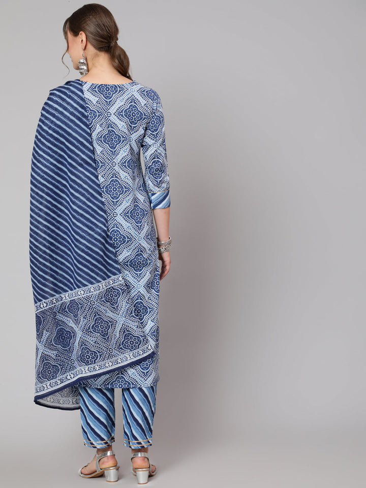 Cotton Blue Calf Length Straight 3/4 Sleeve Round Neck Printed Kurta, Pants &amp; Cotton Dupatta