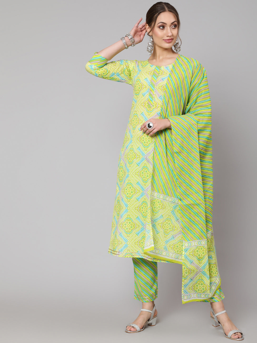 Cotton Green Calf Length Straight 3/4 Sleeve Round Neck Printed Kurta, Pants &amp; Cotton Dupatta