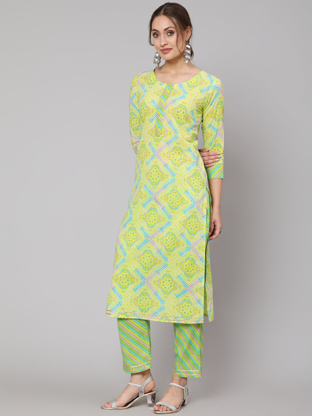 Cotton Green Calf Length Straight 3/4 Sleeve Round Neck Printed Kurta, Pants &amp; Cotton Dupatta