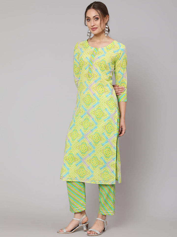 Cotton Green Calf Length Straight 3/4 Sleeve Round Neck Printed Kurta, Pants &amp; Cotton Dupatta