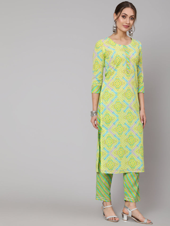 Cotton Green Calf Length Straight 3/4 Sleeve Round Neck Printed Kurta, Pants &amp; Cotton Dupatta
