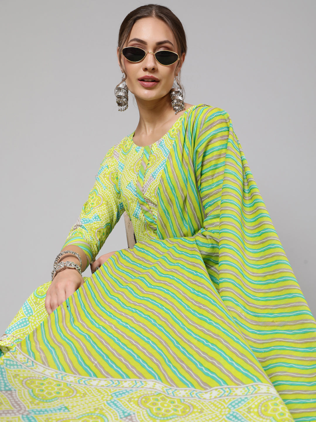 Cotton Green Calf Length Straight 3/4 Sleeve Round Neck Printed Kurta, Pants &amp; Cotton Dupatta