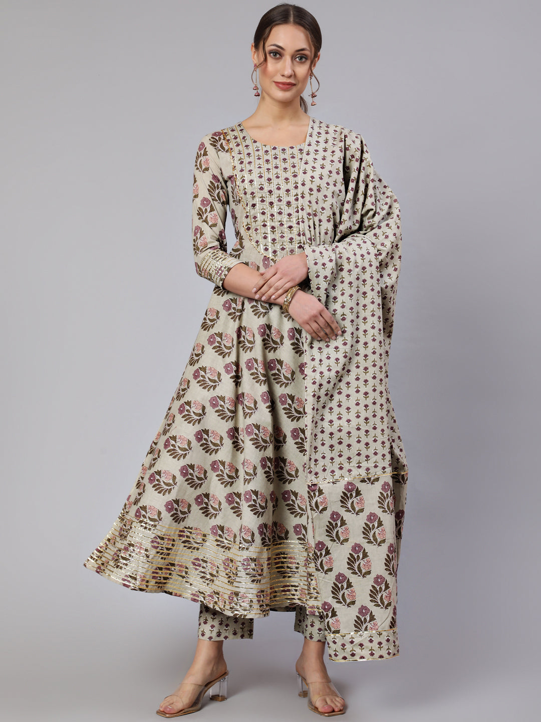Cotton Printed  Ankle Length Flared Round Neck Kurta, Pants With Dupatta Set
