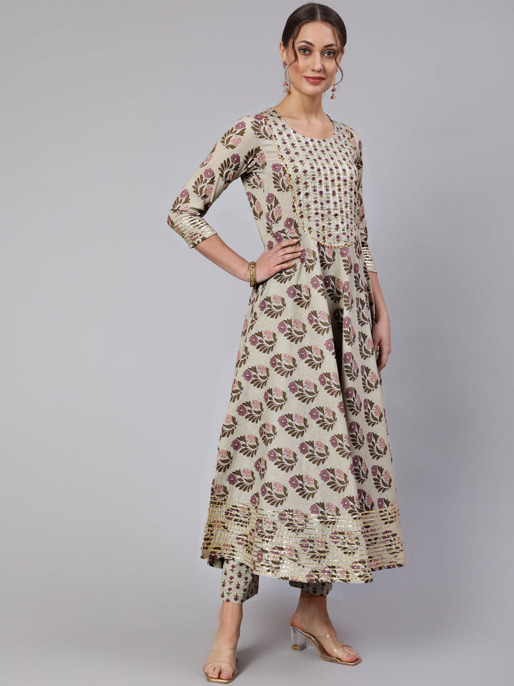 Cotton Printed  Ankle Length Flared Round Neck Kurta, Pants With Dupatta Set
