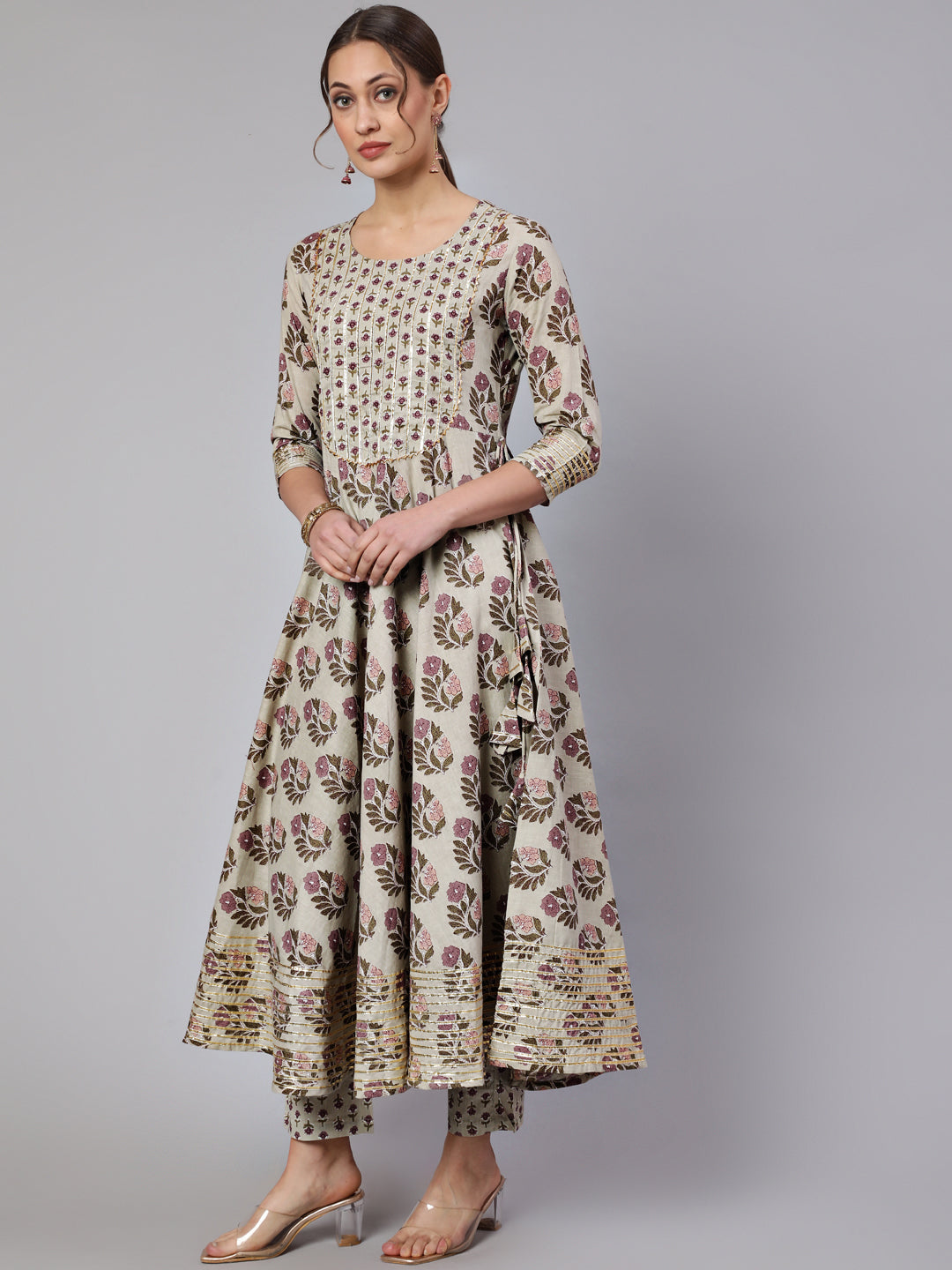 Cotton Printed  Ankle Length Flared Round Neck Kurta, Pants With Dupatta Set