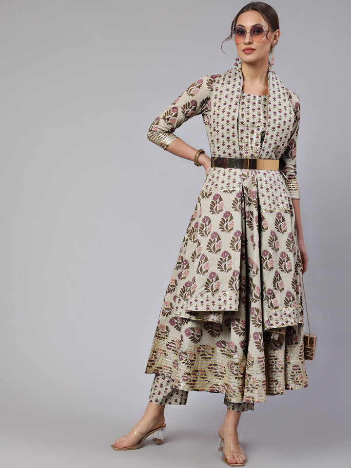 Cotton Printed  Ankle Length Flared Round Neck Kurta, Pants With Dupatta Set