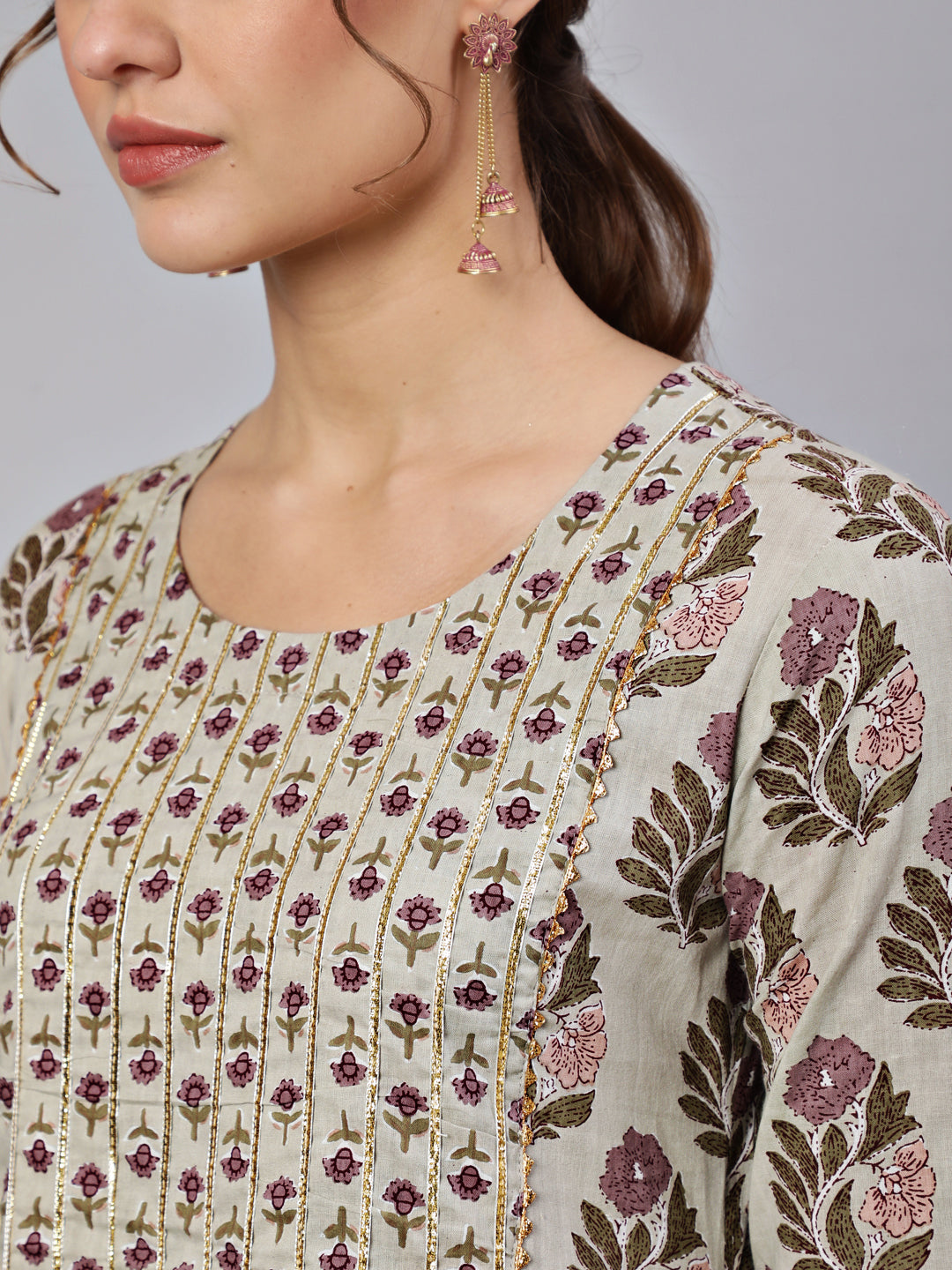 Cotton Printed  Ankle Length Flared Round Neck Kurta, Pants With Dupatta Set