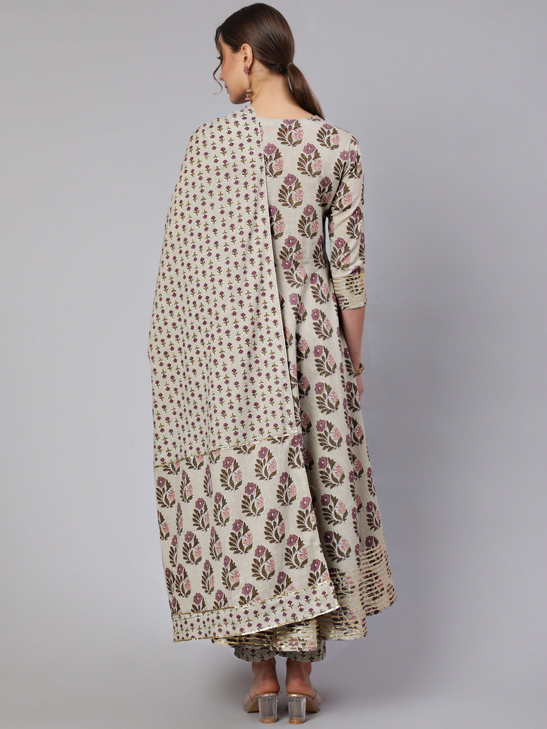 Cotton Printed  Ankle Length Flared Round Neck Kurta, Pants With Dupatta Set