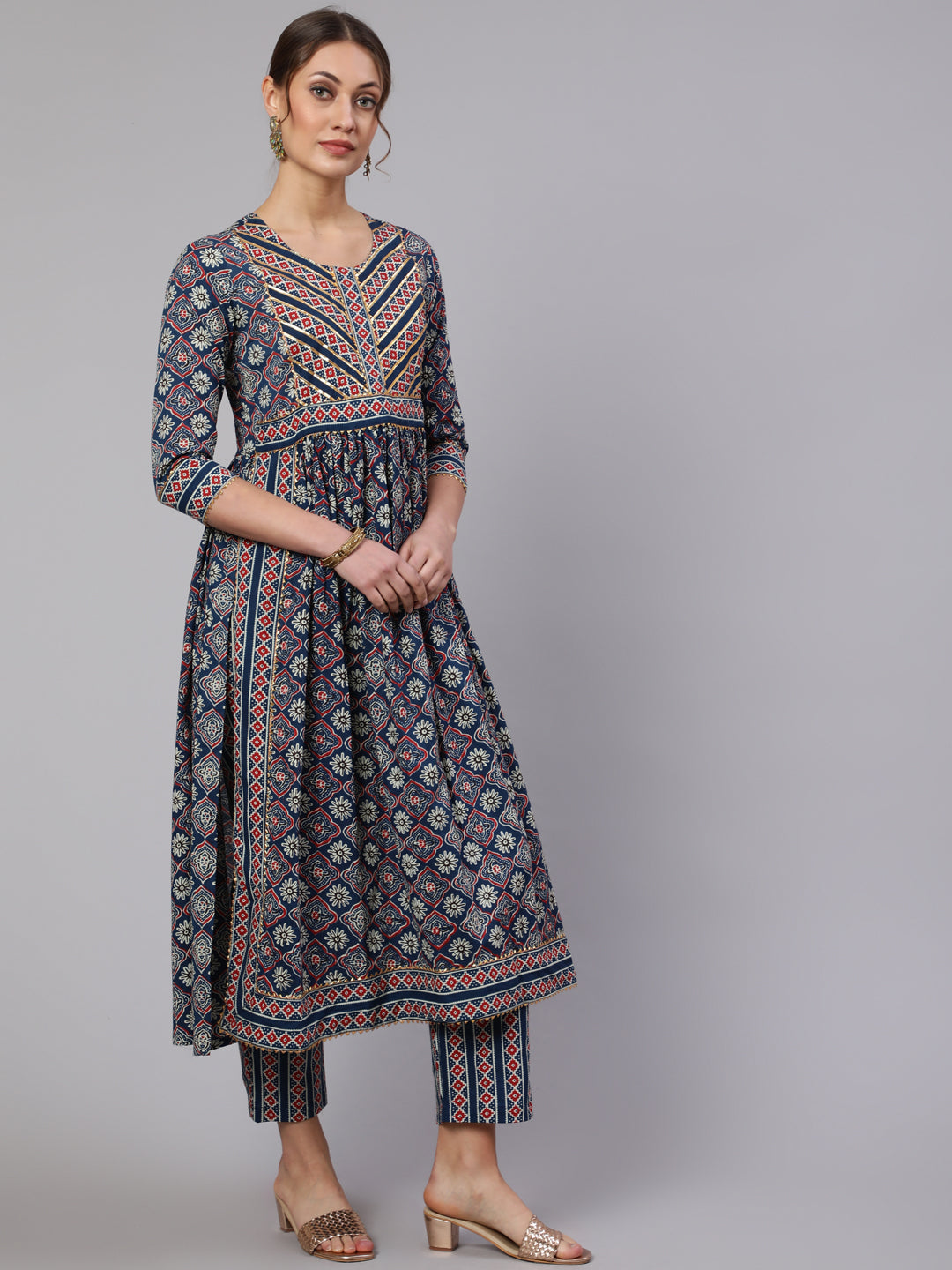 Cotton Printed  Ankle Length Flared Round Neck Kurta, Pants With Dupatta Set