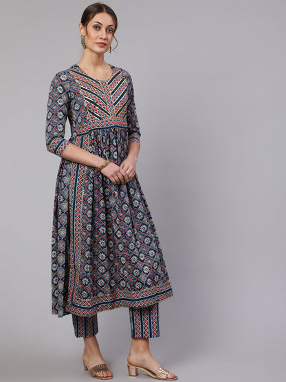 Cotton Printed  Ankle Length Flared Round Neck Kurta, Pants With Dupatta Set