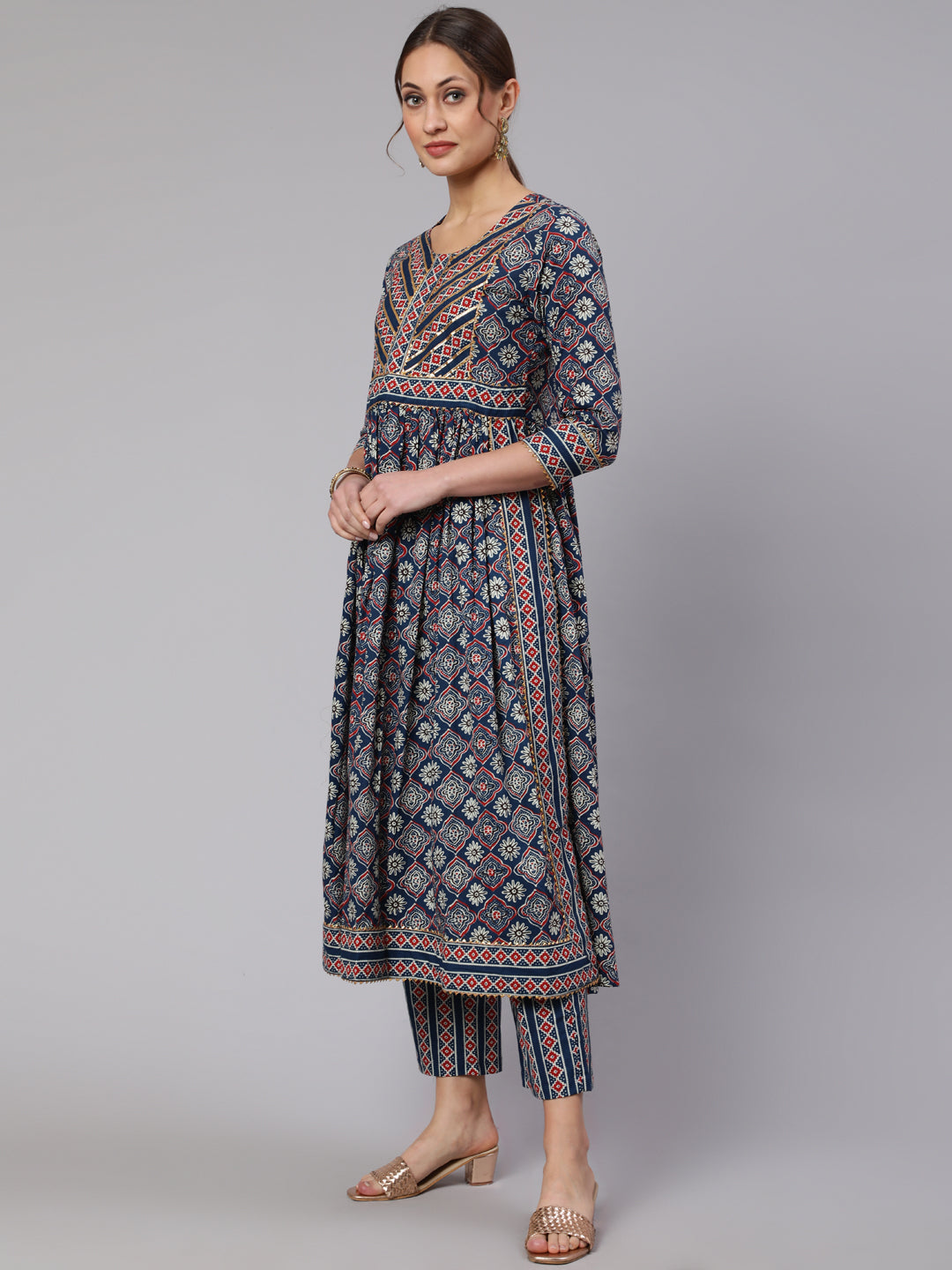 Cotton Printed  Ankle Length Flared Round Neck Kurta, Pants With Dupatta Set
