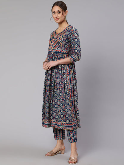 Cotton Printed  Ankle Length Flared Round Neck Kurta, Pants With Dupatta Set