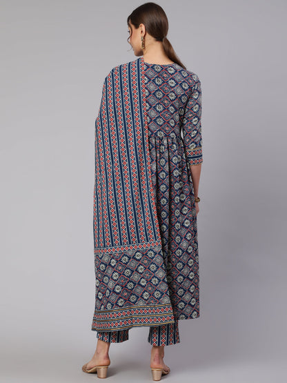 Cotton Printed  Ankle Length Flared Round Neck Kurta, Pants With Dupatta Set