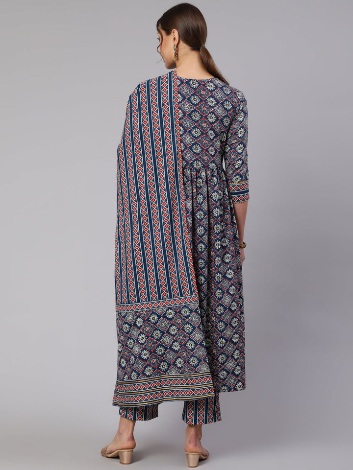 Cotton Printed  Ankle Length Flared Round Neck Kurta, Pants With Dupatta Set