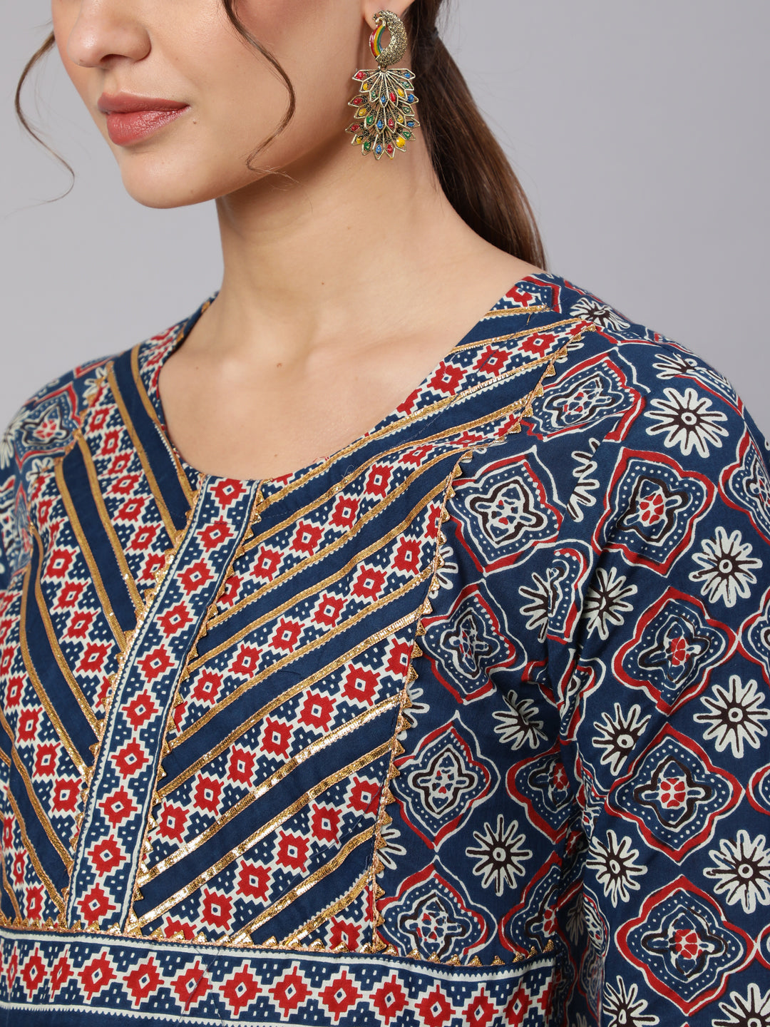 Cotton Printed  Ankle Length Flared Round Neck Kurta, Pants With Dupatta Set