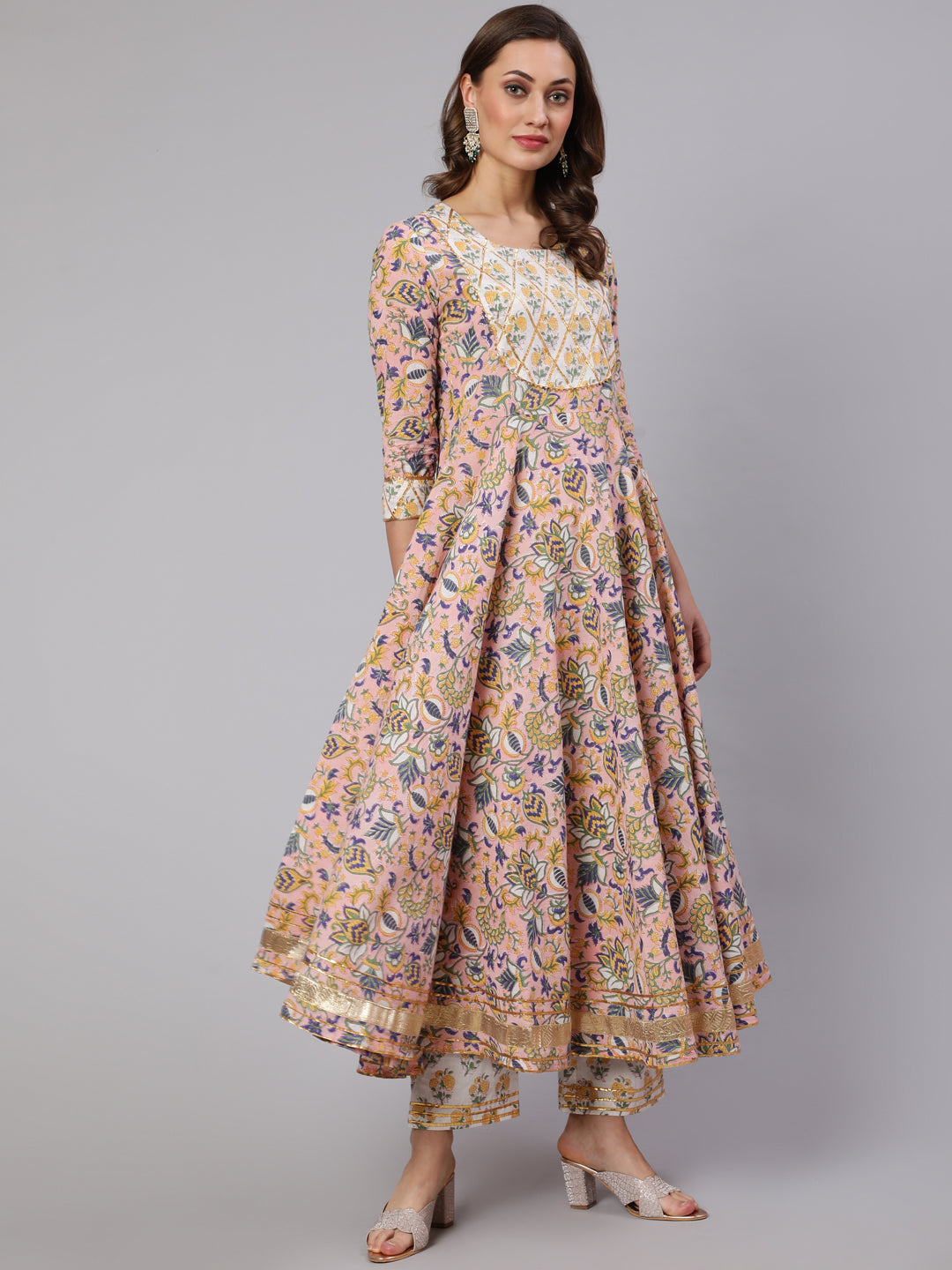 Cotton Printed  Ankle Length Flared Round Neck Kurta, Pants With Dupatta Set