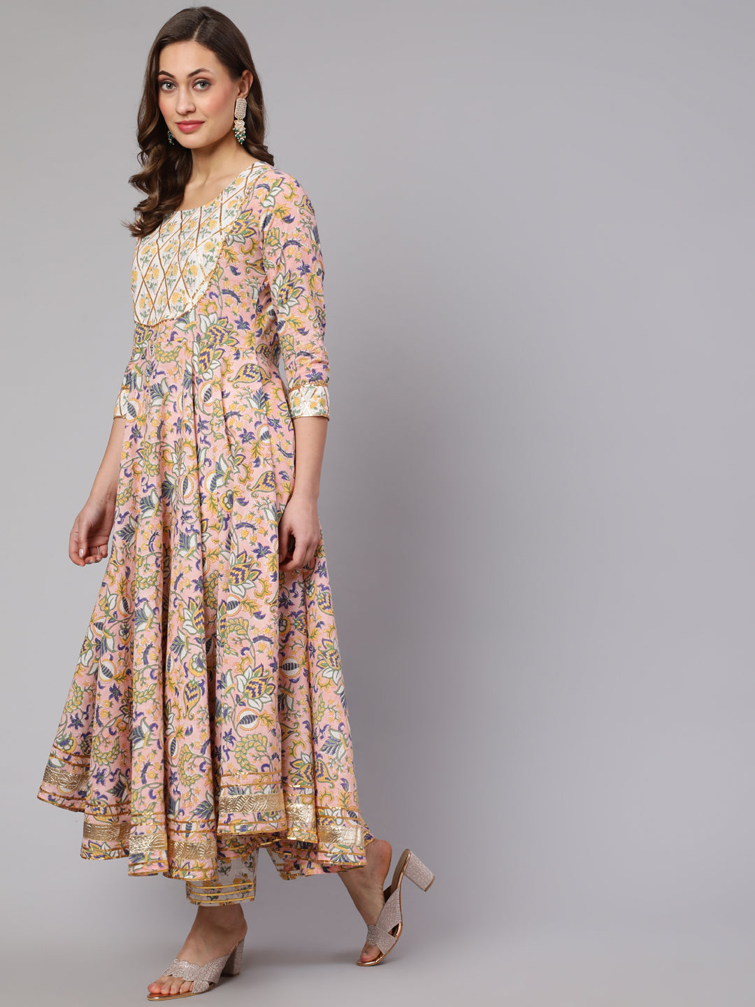 Cotton Printed  Ankle Length Flared Round Neck Kurta, Pants With Dupatta Set