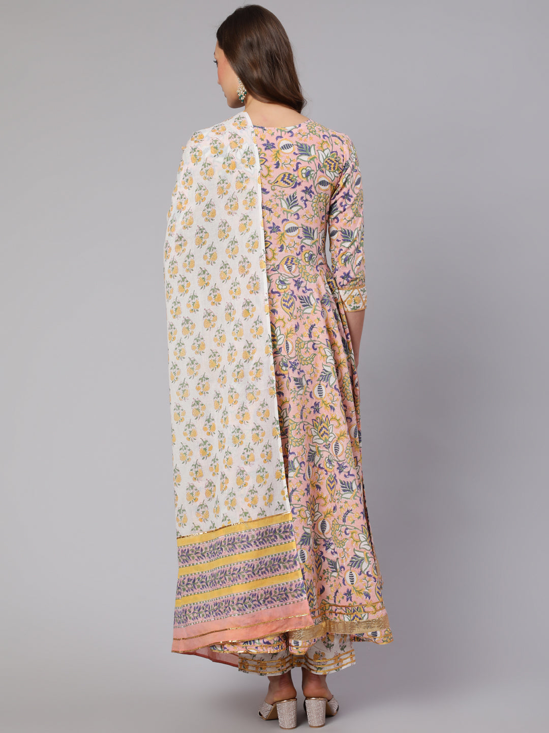 Cotton Printed  Ankle Length Flared Round Neck Kurta, Pants With Dupatta Set
