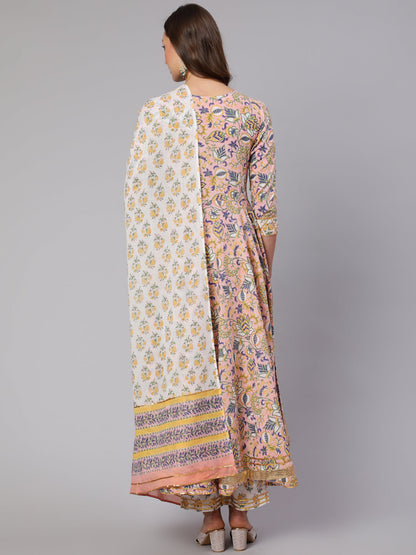 Cotton Printed  Ankle Length Flared Round Neck Kurta, Pants With Dupatta Set