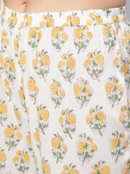 Cotton Printed  Ankle Length Flared Round Neck Kurta, Pants With Dupatta Set