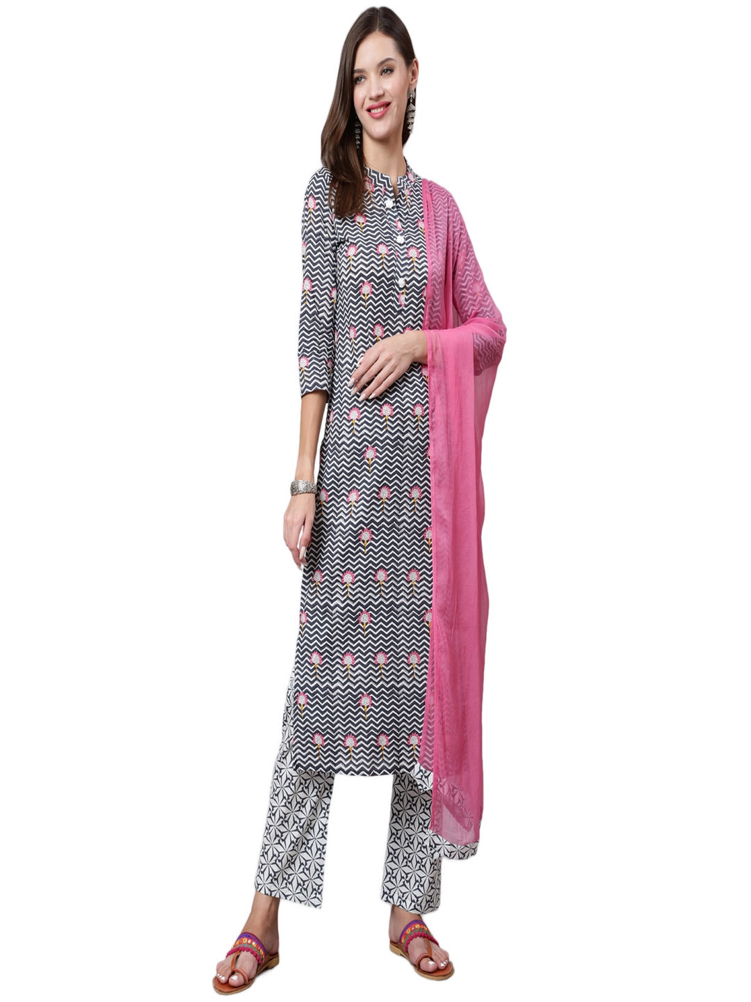 Cotton Calf Length Straight 3/4 Sleeve Mandarin Neck Printed Kurta, Pants With Dupatta Set