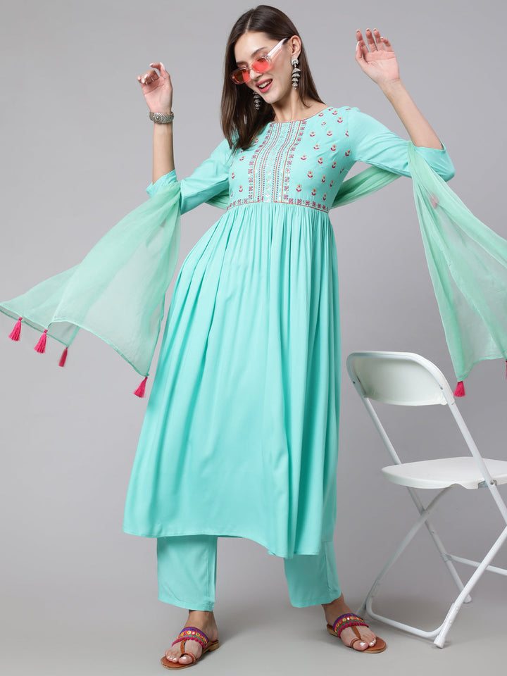 Rayon Embroidery Calf Length Flared 3/4 Sleeve Round Neck Kurta, Pants With Dupatta Set