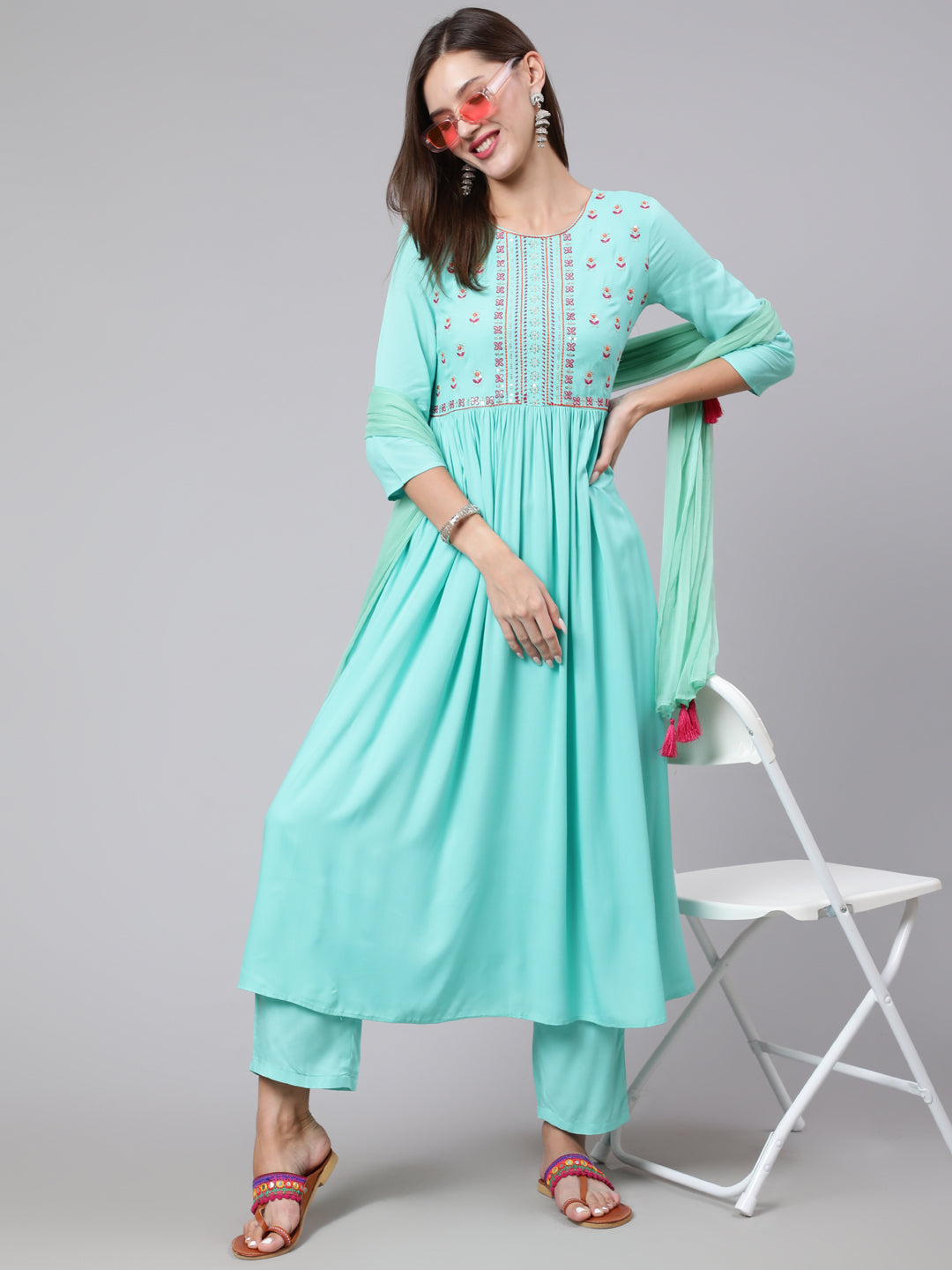 Rayon Embroidery Calf Length Flared 3/4 Sleeve Round Neck Kurta, Pants With Dupatta Set