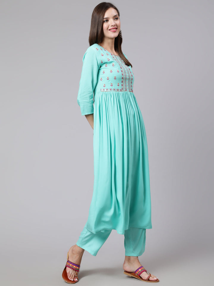 Rayon Embroidery Calf Length Flared 3/4 Sleeve Round Neck Kurta, Pants With Dupatta Set