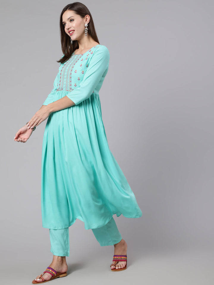 Rayon Embroidery Calf Length Flared 3/4 Sleeve Round Neck Kurta, Pants With Dupatta Set